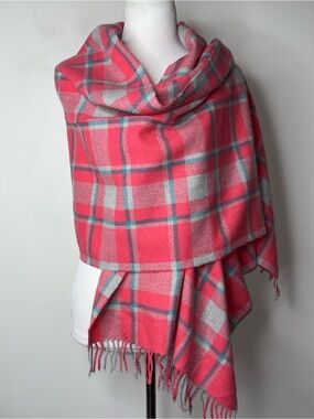 NEW J. Crew Pink Tartan Pink and Gray Plaid Fringe Wool Scarf Wrap Shawl